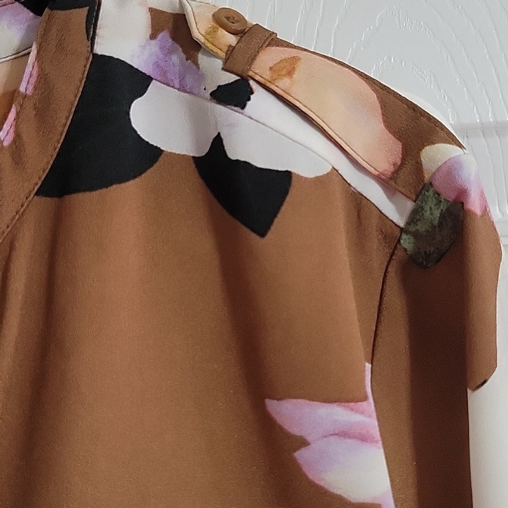 Calvin Klein Floral Button Front Brown Pink White Long Tab Sleeve Top Sz Medium - Picture 4 of 9